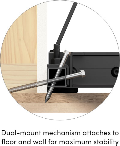 Dual-mount mechanism attaches to floor and wall for maximum stability