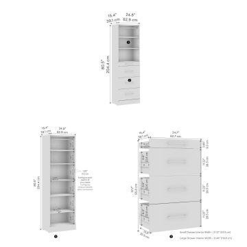 Organisateur de garde-robe modulaire pour walk-in ou placard avec tablettes et 4 tiroirs 25L x 16P, style épuré