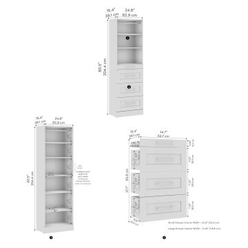 Organisateur de garde-robe modulaire pour walk-in ou placard avec tablettes et 4 tiroirs 25L x 16P, style Shaker