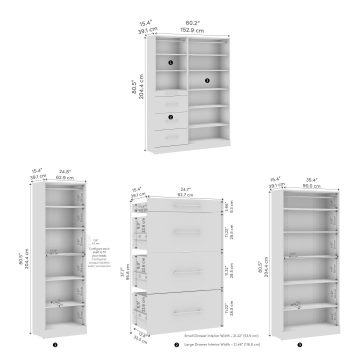 Système de rangement modulaire pour garde-robe walk-in ou placard avec tablettes et tiroirs 61L x 16P, style épuré