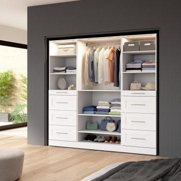 Modular Closet System with Shelves, Drawers, Clothing Rods & LED Lights, Shaker Style, 85W x 25D