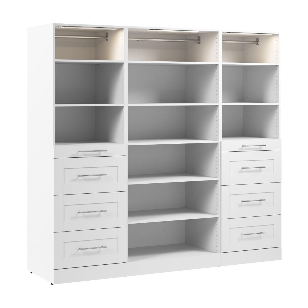 85W x 25D Modular Reach-In or Walk-In Closet System with LED Lights, Shelves, and Drawers, Shaker Style