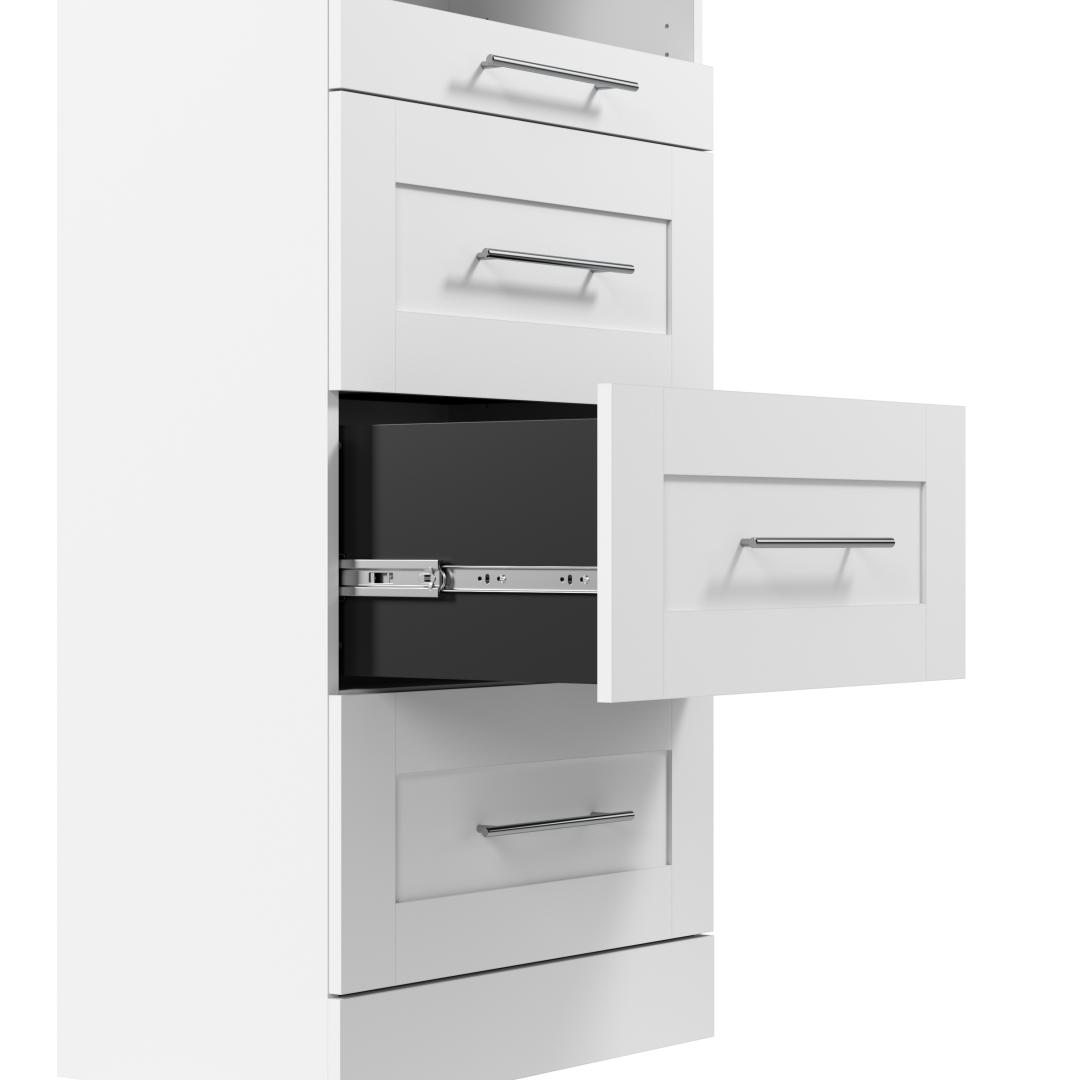 Système de rangement modulaire avec tringles, tablettes, tiroirs & lampes DEL, Style Shaker, 107L x 25P