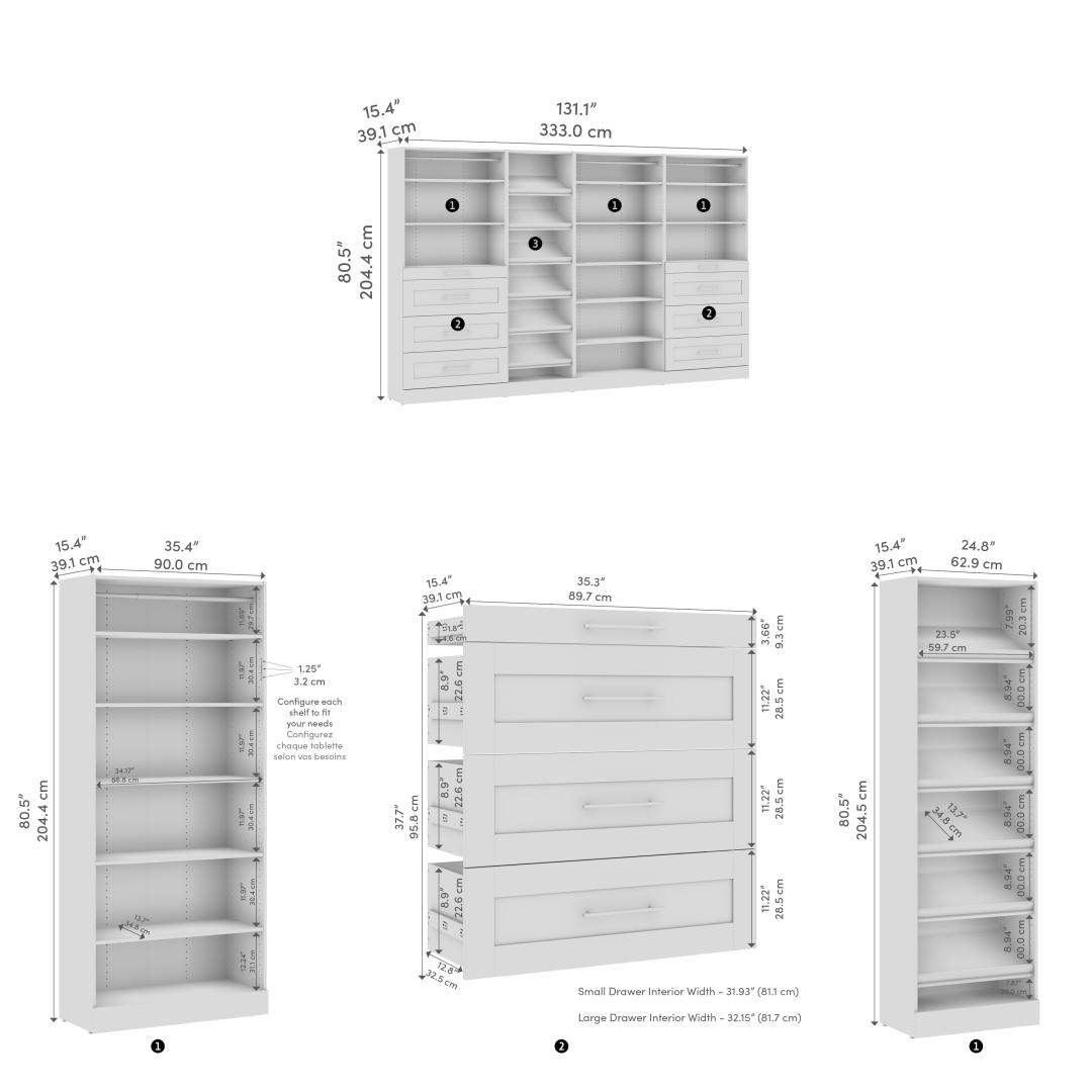 Système de rangement modulaire pour garde-robe walk-in avec tiroirs et tablettes à chaussures 132L x 16P, style Shaker