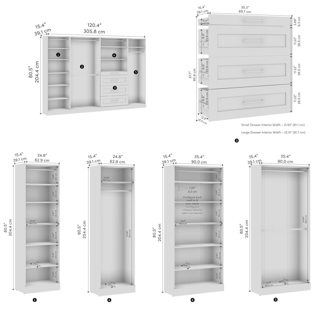 Système de rangement modulaire pour garde-robe walk-in avec tringles, tablettes et tiroirs 121L x 16P, style Shaker