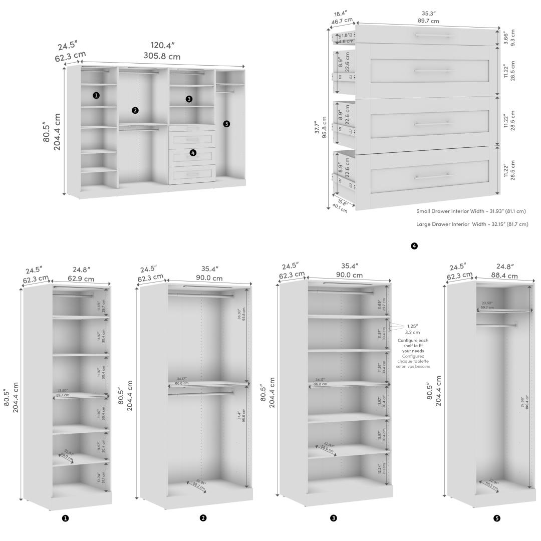 Système de rangement modulaire pour garde-robe walk-in avec lampes DEL, tringles, tablettes et tiroirs 121L x 25P, style Shaker