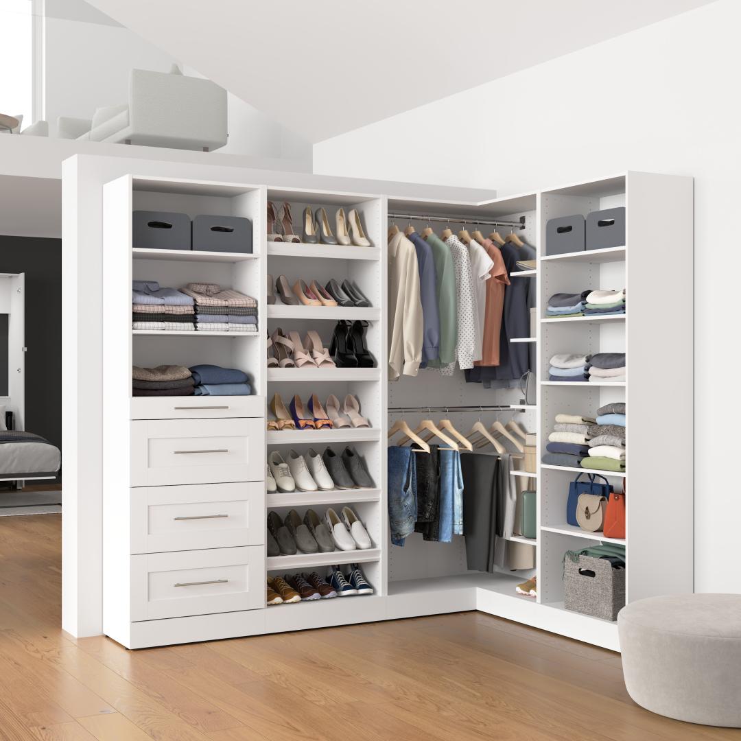 Modular L-Shaped Closet System with Shelves, Drawers, Clothing Rods & Shoe Racks, Shaker Style, 85W x 60D