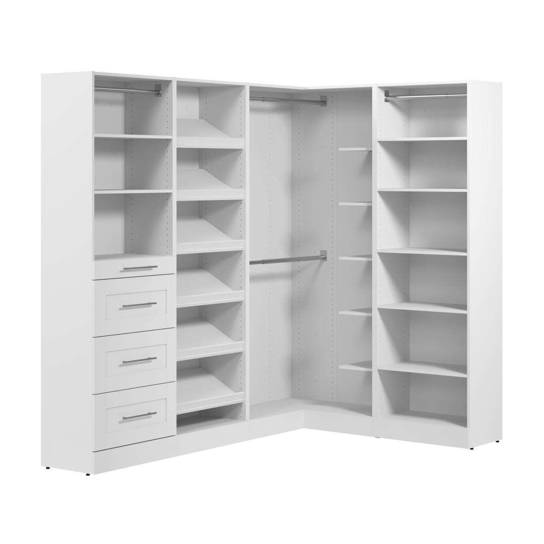 85W x 60D Modular L Shaped Walk-In Closet System with Rods, Drawers, and Shoe Shelves, Shaker Style